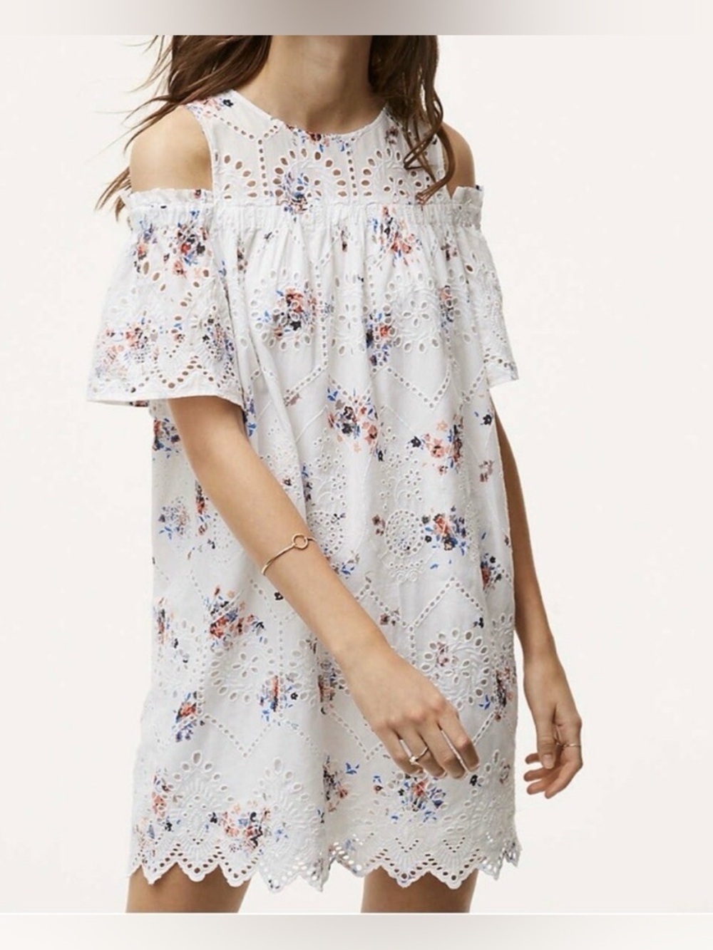 LOFT Cream Eyelet Top with Pink, Blue and Orange Floral Accents